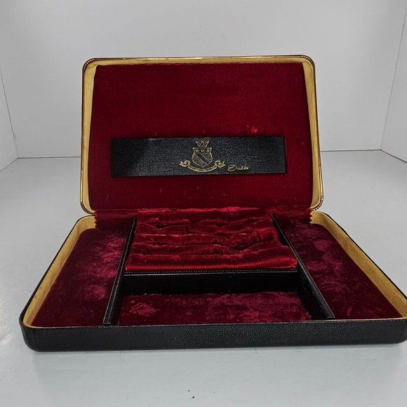 Vintage Shields Mens Leather Jewelry Box Black Watch Rings Cufflinks Velvet - Picture 7 of 10